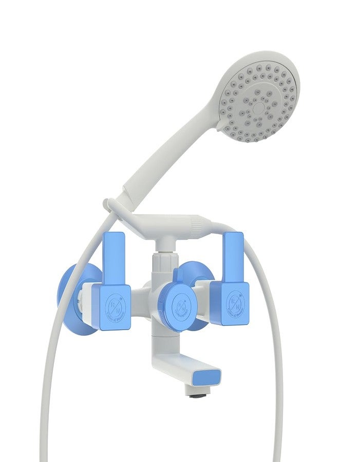 RN PTMT Superior Plastic Faucet 3 in 1 Wall Mixer Telephonic with Crutch Water Tap for Bathroom | Hot & Cold Water Wall Mixer with Hand Shower Connectivity Provision (White-Blue-Dual)_RNVIR19A12